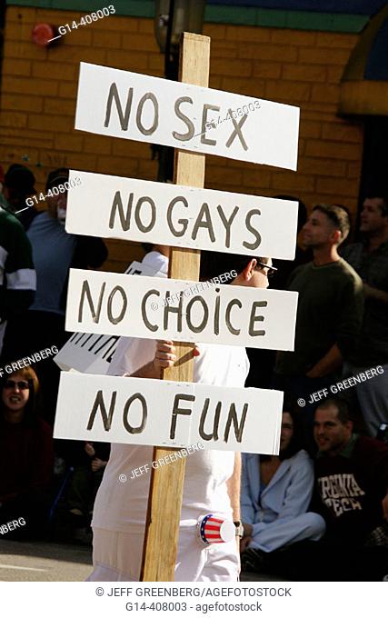 Satire parade, sign, no sex gays choice fun. King Mango Strut, Coconut Grove, Florida. USA