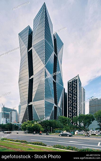 Exterior view of the China Steel Corporation Headquarters, a skyscraper with diamond-shaped double skin curtain wall in Kaohsiung, Taiwan