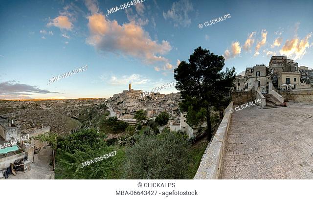 Sunset on the ancient town and historical center called Sassi perched on rocks on top of hill Matera Basilicata Italy Europe