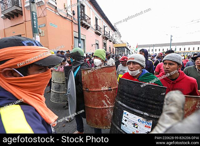 27 June 2022, Ecuador, Quito: Indigenous demonstrators protest in the streets of the capital's center for the 15th consecutive day