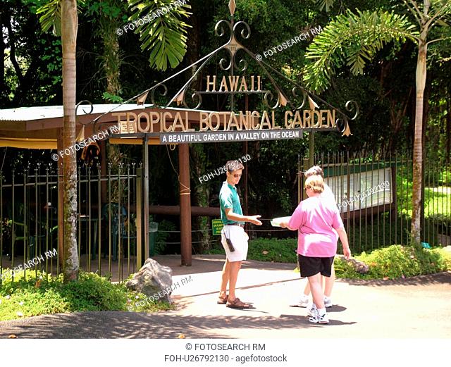 Big Island, Island of Hawaii, HI, Hawaii, Hamakua Coast, Hilo, Hawaii Tropical Botanical Garden, entrance, wrought iron gate