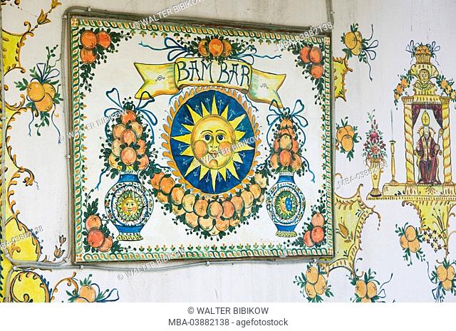 Italy, island, Sicily, island Sicily, Taormina Bam-Bar detail wall-painting, tile-picture, South-Italy, destination, gastronomy, cafe, pub, bar, wall, wall