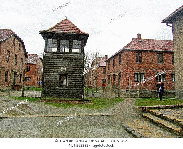 Auschwitz Concentration Camp buildings and one of the surveillance towers. Oswiecim, Poland, Europe