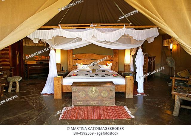 Safari luxury tent, Interior, Severin Safari Camp, Tsavo West National Park, Taita-Taveta County, Kenya