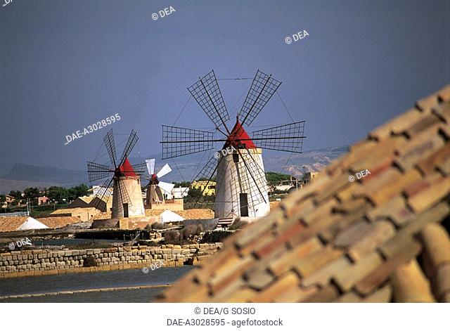 Italy - Sicily Region - Salines of Trapani and Paceco Oriented Nature Reserve - Salt route and windmills