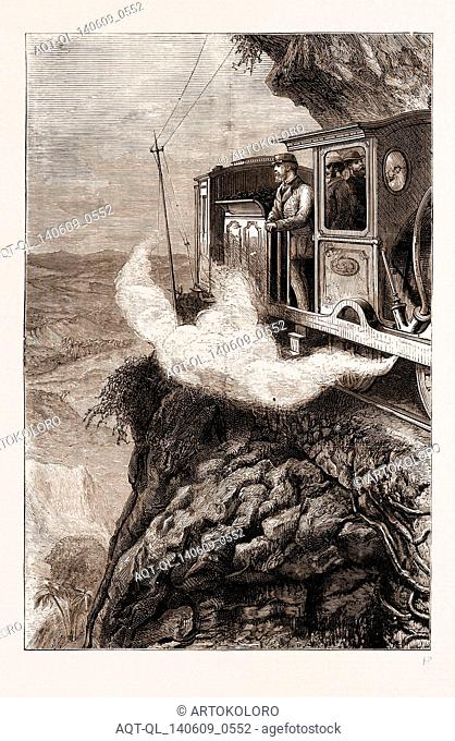 COLOMBO TO KANDY, INDIA, 1876: THE PRINCE OF WALES RIDING ON AN ENGINE OVER ""SENSATION ROCK"""