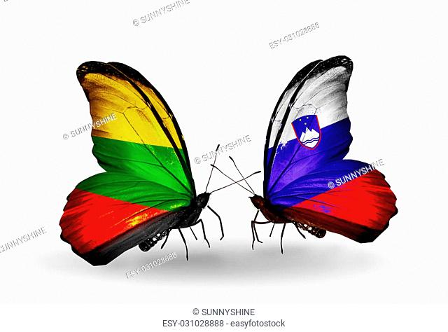 Two butterflies with flags on wings as symbol of relations Lithuania and Slovenia