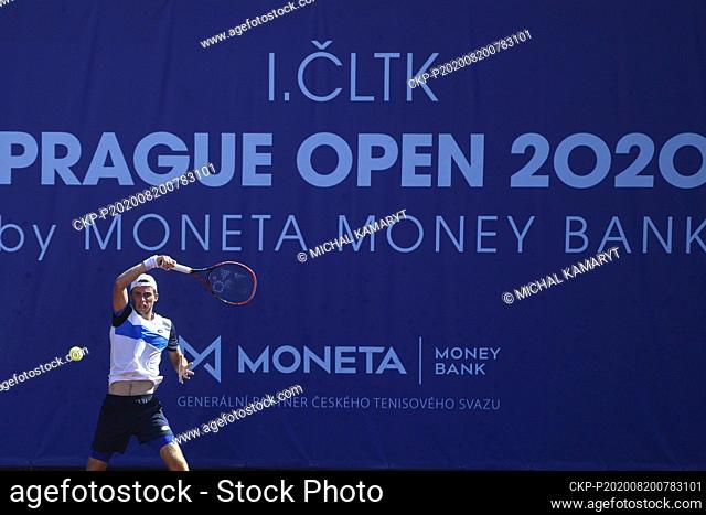 Michael Vrbensky of Czech Republic returns a shot to Elias Ymer of Sweden during the I. CLTK Prague Open of the ATP Challenger Tour match in Prague