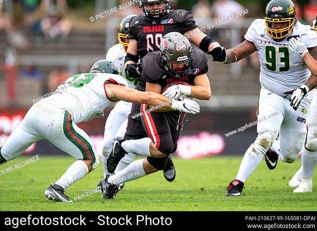 27 June 2021, North Rhine-Westphalia, Cologne: American Football: Pro League ELF, Cologne Centurions - Barcelona Dragons, Main Round, Main Round Games, Game 2