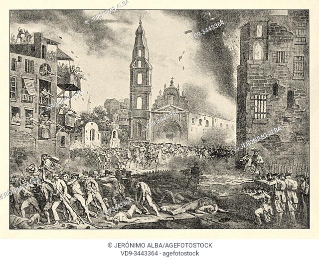 The Capture of Naples. Entry of French troops into Naples on January 23, 1799. History of France, old engraved illustration image from the book Histoire...