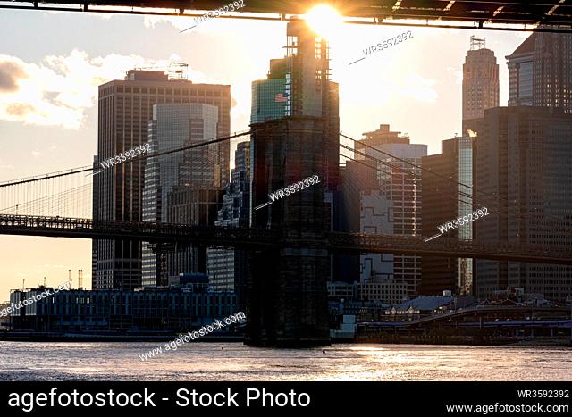 New York City - USA - Oct 18 2019: Manhattan Bridge in daylight view from Lower East Side waterfront