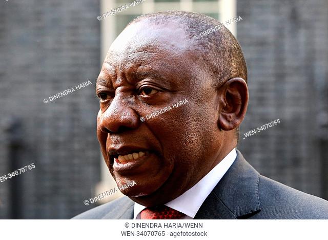 Prime Minister of South Africa Cyril Ramaphosa speaks to the media in Downing Street following his meeting with Prime Minister Theresa May Featuring: Cyril...