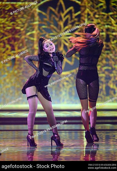 17 May 2021, Netherlands, Rotterdam: Singer Efendi (l, Azerbaijan) performs the song ""Matahari"" during the second dress rehearsal of the first semi-final of...