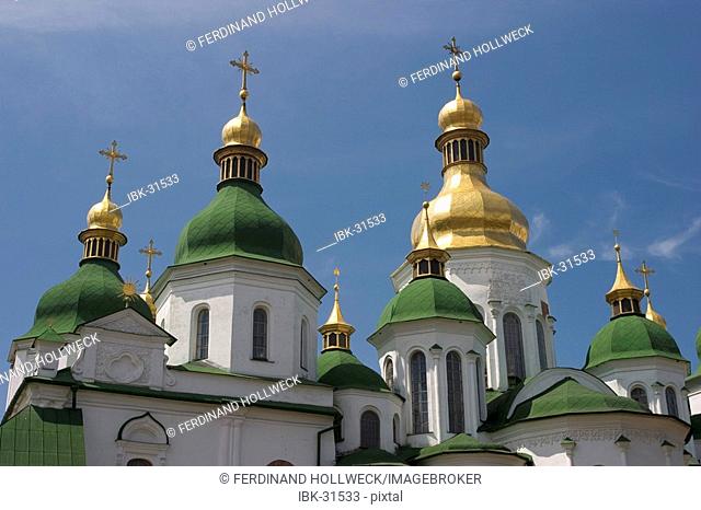 Ukraine Kiev Sophien cathedral 1054 seven of 13 domes of the cathedral golden domes and crosses shines in the sun blue sky 2004