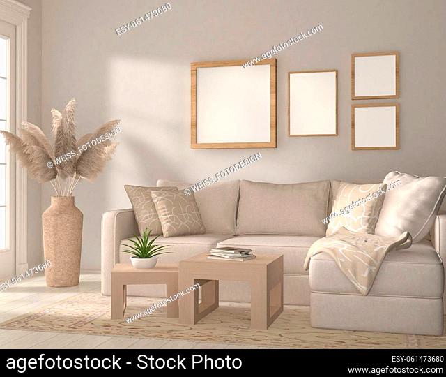 mock up Template 4 frames on the wall in modern living room, 3D rendering, 3D illustration