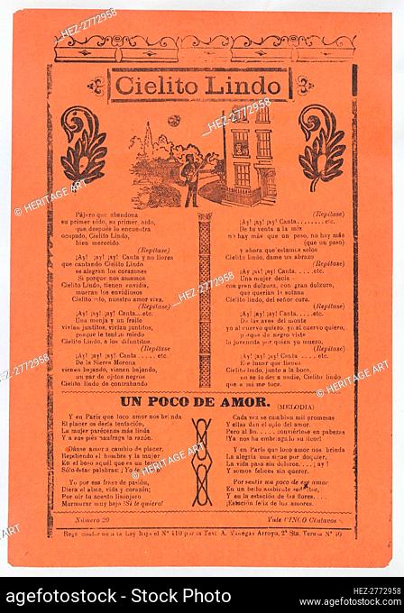 Broadsheet with love songs, man playing an instrument and singing outside of his .., ca. 1900-1913. Creator: José Guadalupe Posada