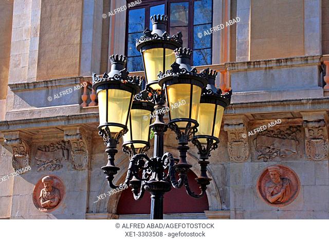 Modernist street lamp and Teatre Principal, 1847, architect Francesc Daniel Molina, La Rambla, Ciutat Vella, Barcelona, Catalonia, Spain