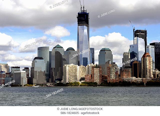 New York City Downown Skyline including the under construction Freedom Tower, the World Trade Center and Battery Park City