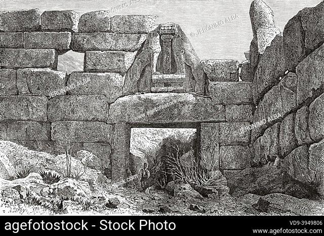 Lion Gate at archaeological site of Mycenae, Peloponnese, Greece. Voyage in Greece by Henri Belle