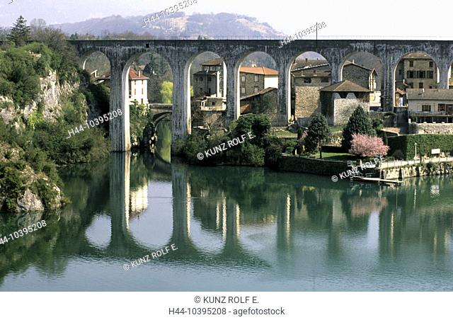 10395208, France, Europe, southeast, Europe, Pont en Royans, river, flow, Bourne, viaduct, houses, homes, Isere, between Valence