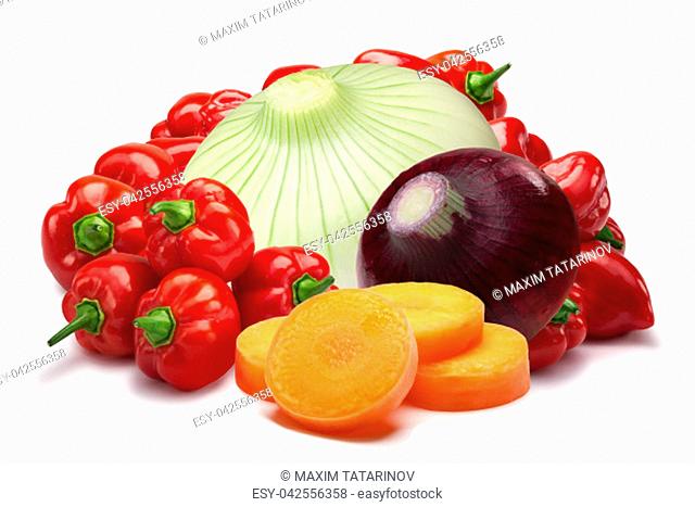 Ingredients for Belizian hot sauce. Habaneros, onion, sliced carrot.Clipping paths, shadows separated, infinite depth of field. Design elements