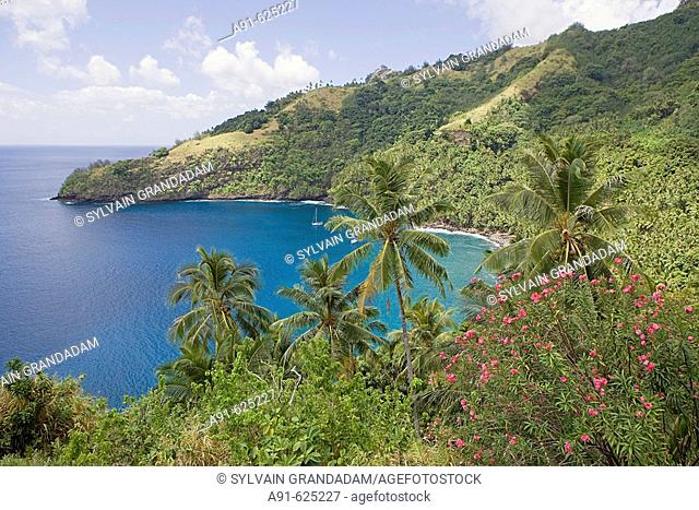 Stopover in Hapatoni, Tahuata island. Cruise on Aranui III, cargo and passenger vessel, delivering goods to Marquesas and Tuamotus islands from Tahiti and...