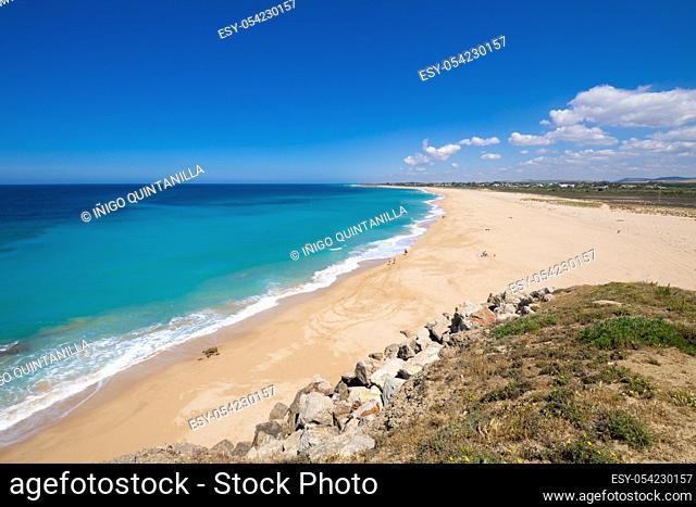scenery of beautiful wild Beach of Trafalgar lighthouse, also known as Zahora or Cala Isabel, in Barbate, Cadiz, Andalusia, Spain