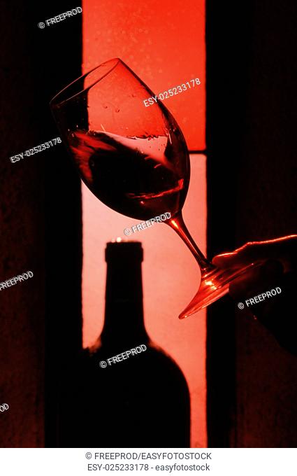 Tasting glass of red wine in a cellar, France
