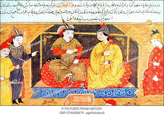 Iran / Mongolia: Hulagu Khan with his Nestorian Christian wife Dokuz Khatun, from Rashid Ad-Din, 'History of the world', 14th century