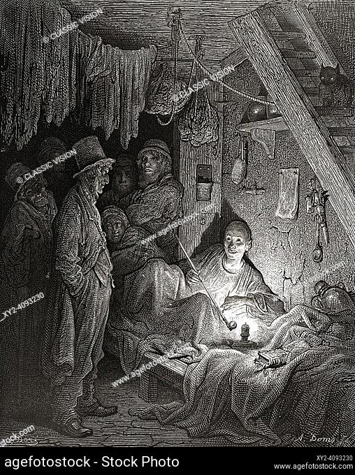An opium den in the slums of East London, 19th century. After an illustration by Gustave Doré in the 1890 American edition of London: A Pilgrimage written by...