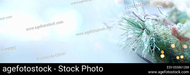 Rime covered green fir tree branches with festive bokeh. Horizontal close-up with short depth of field for a winter and christmas concept