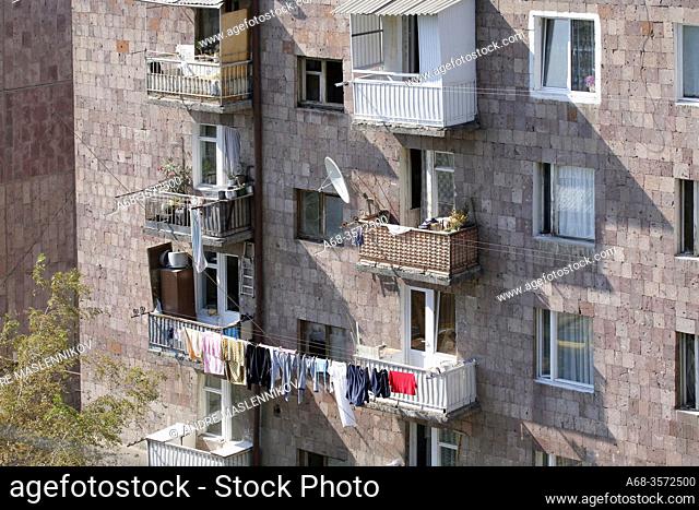 Clothes lines on balconies Yerevan in Armenia. Photo: André Maslennikov