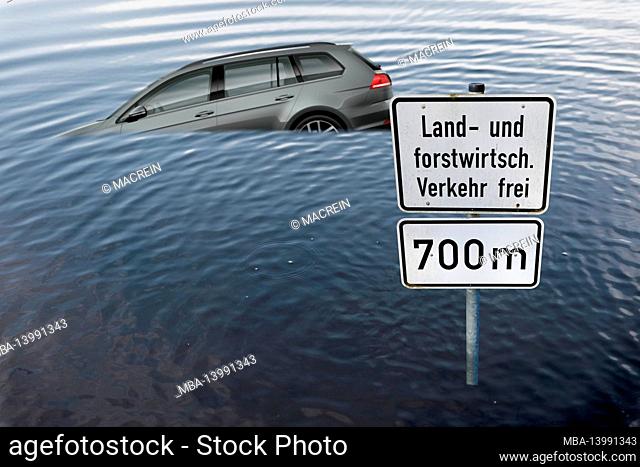 road, flooded, sign, symbol flood disaster