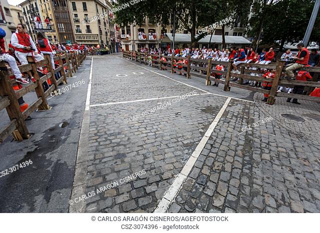 PAMPLONA, SPAIN - JULY 11, 2017: Street empty before the bull and people run on the street, encierro, during the festival of San Fermin