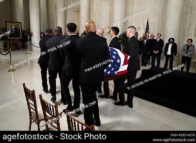 The flag-draped casket of retired Supreme Court Justice Sandra Day O’Connor, carried by U.S. Supreme Court Police officers