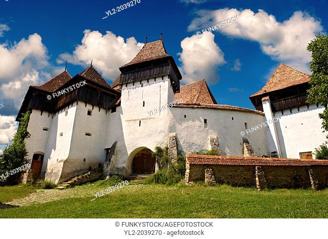 Front view of the Szekly medieval fortified church of Viscri, Bunesti, Brasov, Transylvania. Started in the 1100's. UNESCO World Heritage Site
