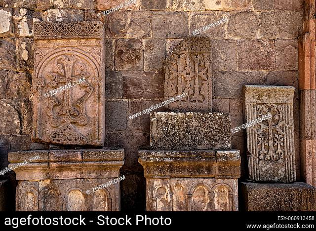Haghartsin, Armenia - September 25, 2019: Historic Armenian orthodox cross-stone, khachkar, at Haghartsin Monastery Complex, Armenia