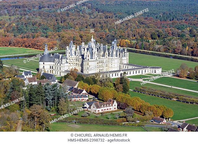 France, Loir et Cher, Loire valley listed as World Heritage by UNESCO, the castle of Chambord (aerial view)