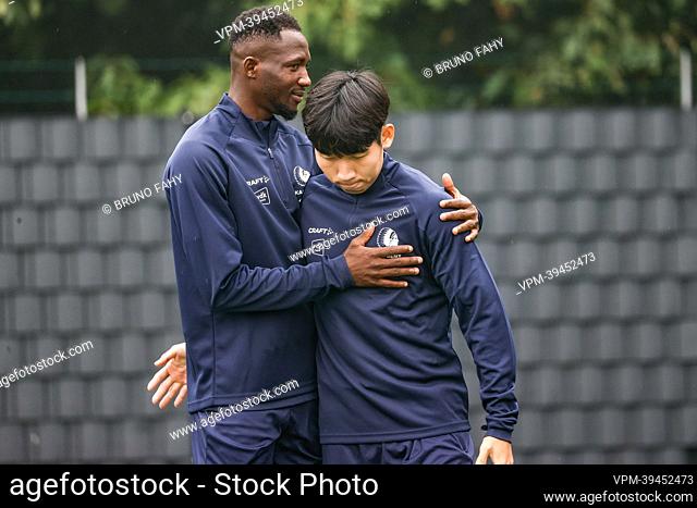 Gent's Sulayman Marreh and Gent's Hyunseok Hong pictured during a training session of Belgian soccer team KAA Gent, Wednesday 17 August 2022 in Gent