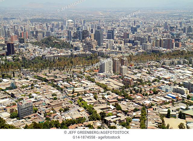 Chile, Santiago, Cerro San Cristobal, Estacion Funicular, Bellavista, downtown, view from, aerial, scenic overlook, city skyline, neighborhood, building