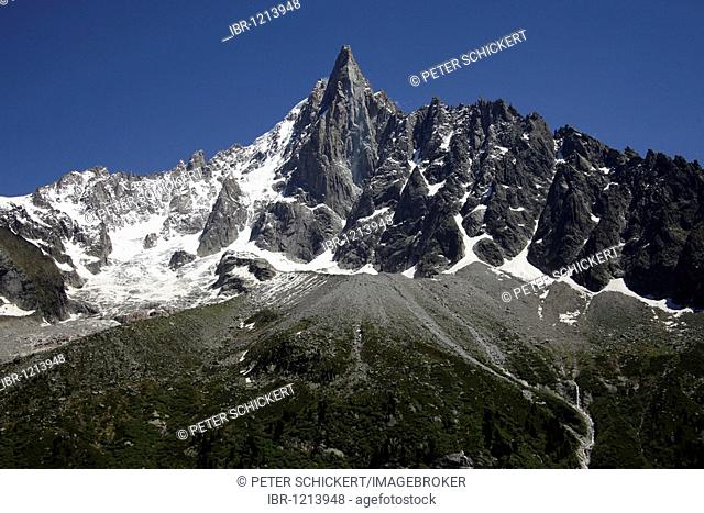 The Aiguille du Dru, a double-peaked mountain in the Mont Blanc Massif in Chamonix-Mont-Blanc, France, Europe