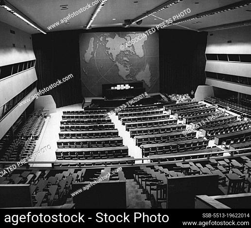 United Nations Hall - Members of the United Nations General Assembly will work for the maintenance of Peace in this hall at their new headquarters in the City...