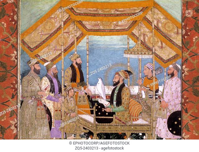 Emperor Aurangzeb with his third son, Sultan Azam and courtiers. Mughal miniature painting circa 1650 A.D. India