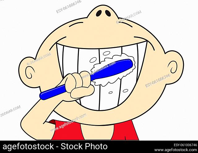 Cartoon boy brushing his teeth isolated on white background