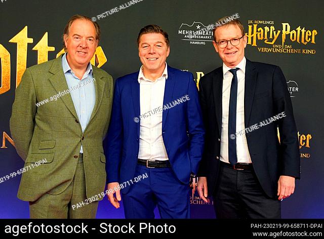 19 February 2023, Hamburg: Mark Cornell (l-r), CEO of the ATG Group, Maik Klokow, producer of ""Harry Potter and the Enchanted Child, "" and Joachim Hilke