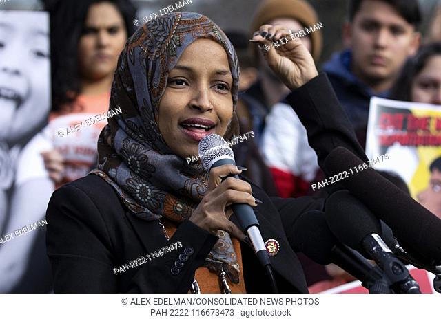 Representative Ilhan Omar, Democrat of Minnesota, speaks during a press conference calling for an end to immigrant detentions along the Southern United States...