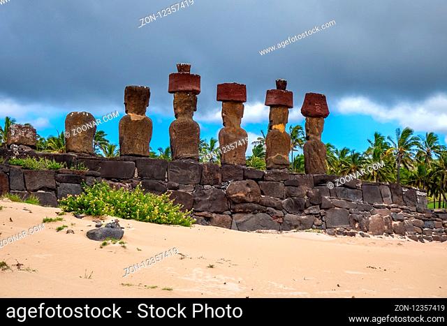 Anakena palm beach and Moais statues site ahu Nao Nao, easter island, Chile