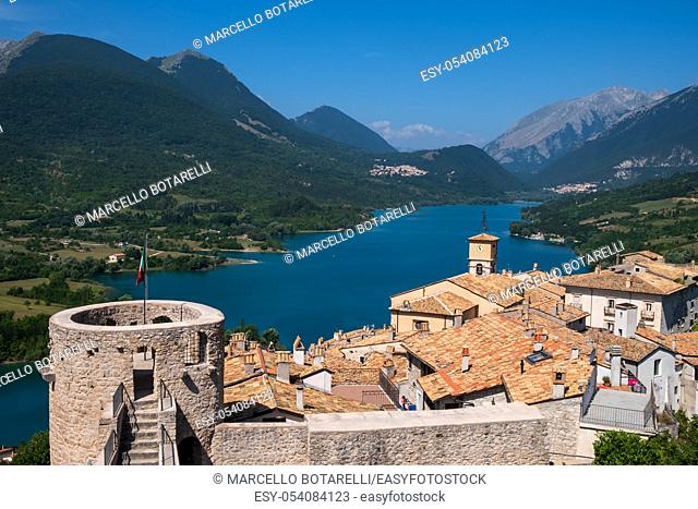 View of Barrea lake, in National park of Abruzzo, and mountains on background
