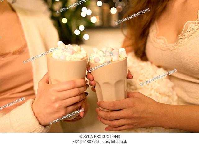 two women drinking hot chocolate with marshmallow
