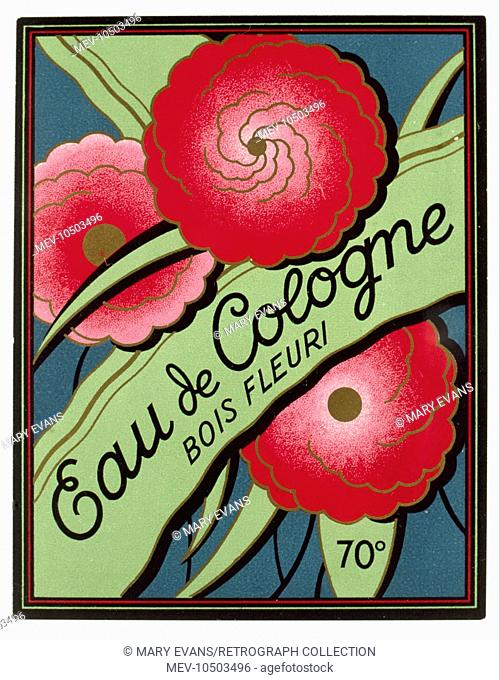 Label design for Eau de Cologne Bois Fleuri, with art deco style red flowers on a blue and green background